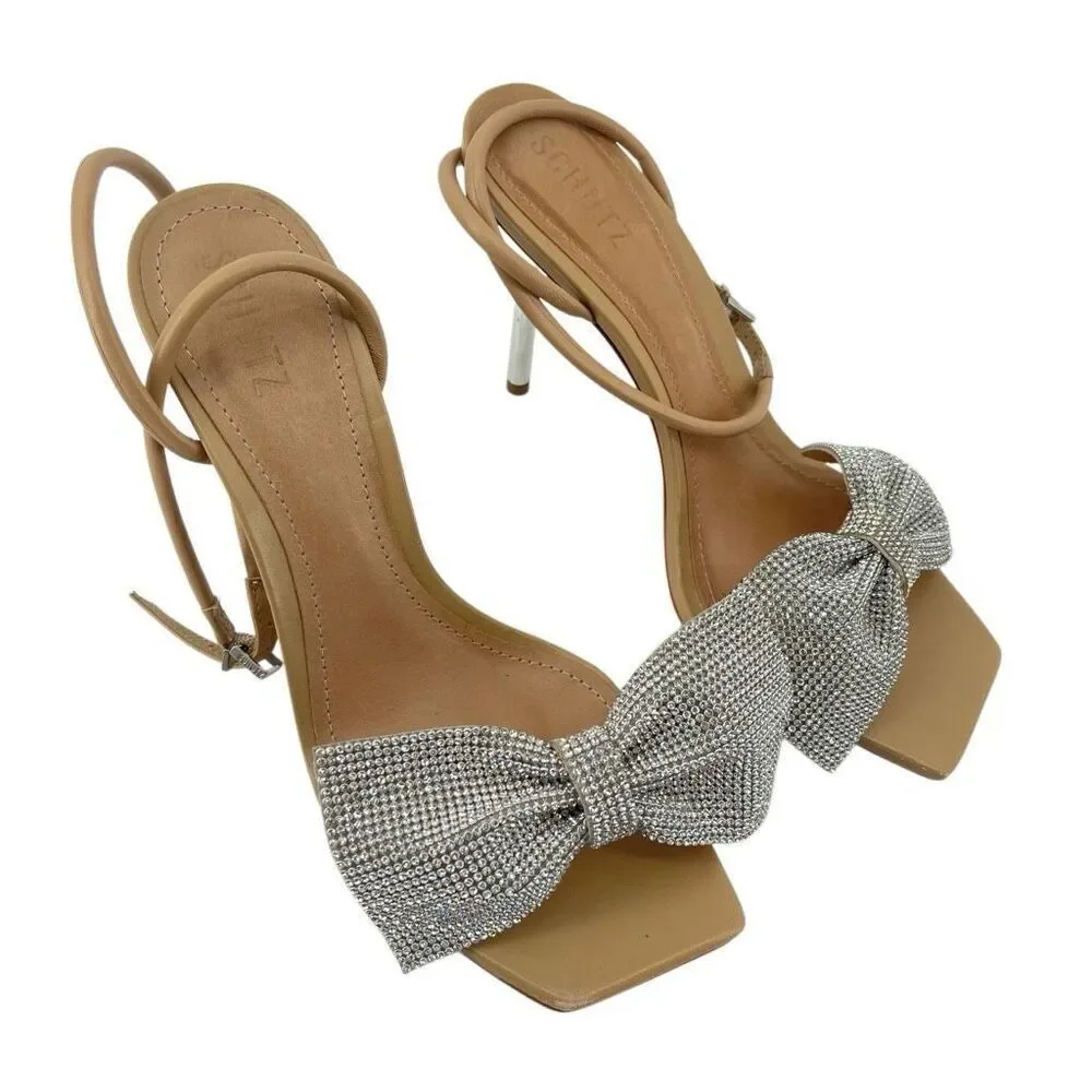 Schutz Mila Glam Heels 9.5 Rhinestone Bow 4” Heel Ankle Strap Square Toe